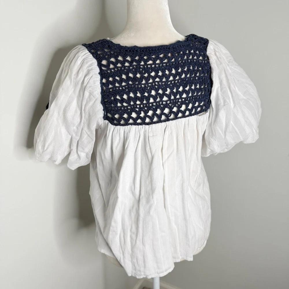 Cleobella Navy Crockett White Organic Cotton Blouse Top L - Picture 2 of 6